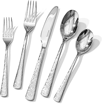 KINGSTONE Hammered Silverware Set, 40-Piece Flatware Set, 18/10 Stainless Steel Premium Cutlery with Unique Ripple Handles Design Mirror Polished - Dishwasher Safe