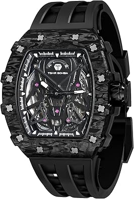 TSAR BOMBA Men's Mechanical Watch Luxury Skeleton Analogue Watches for Men 50M Waterproof Tonneau Work Mens Wrist Watch Original Design Square Big Face Cool Wristwatch Silicone Strap
