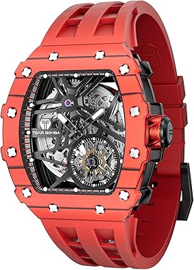 TSAR BOMBA Luxury Automatic Square Replica Tonneau Mens Watches 50M Waterproof Skeleton Mechanical Stylish Watch for Men Simple Men’s Silver Wrist Watch Cool Unique Watch with Silicone Strap