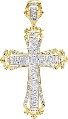 TGDJ 10K Yellow Gold Diamond Cross Pendant for Men, 1.20 Ct Genuine Natural Diamonds (H-I Color, SI2-I1 Clarity), 73 x 40 mm Solid Sparkle-Cut Religious Pendant, Fine Gold Jewelry Gift