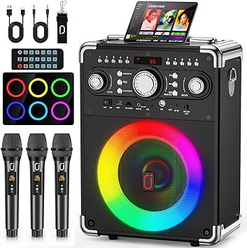 HWWR Karaoke Machine, Portable Bluetooth 5.3 Speaker with 3 Wireless Microphones for Adults, PA System with Echo Adjustment, Support TWS/TF Card/USB/AUX/TVs Connected for Home Party/Outdoor/Events etc
