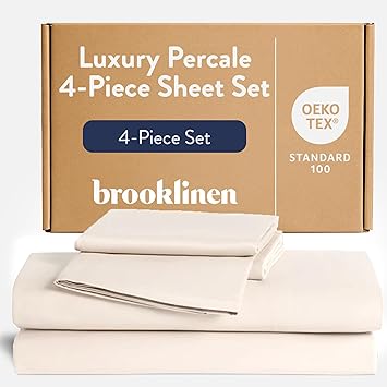 Brooklinen Luxury Percale Sheet Set - 4 Piece 100% Cotton Bed Sheets - 1 Fitted & 1 Flat Sheet, 2 Pillowcases - Cotton Percale Sheets for Hot Sleepers (Full Size, Cream)