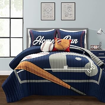 Lush Decor Baseball Game Reversible Quilt Queen Size 5 Piece Set Full/Queen Navy & Gray - Kids Bedding Set Full Quilt - Sports Decor - Baseball Bedding