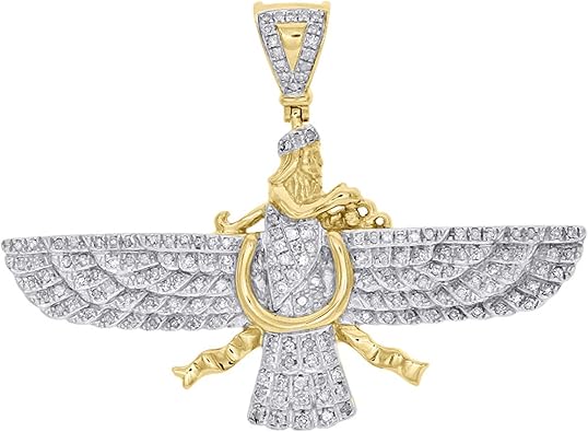 14K Yellow Gold Diamond Persian Empire Religious Symbol Pendant For Men and Women | 1.4 x 2 inchs Round Cut Real Gold White Diamond Necklace Chain Mens Farvahar Ahura Mazda Zoroastrian Charm Pendant 0