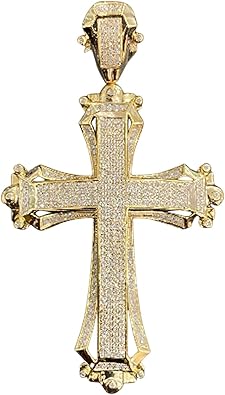 TGDJ 10K Solid Yellow Gold Diamond Cross Pendant – 2.9 x 1.65 Handmade Real Gold & White Diamond Necklace Charm for Men & Women, Faith Fine Jewelry Gift
