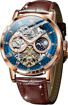 OLEVS Mens Automatic Watches Self-Winding Starry Sky Diamond Skeleton Luxury Wrist Watch Waterproof Luminous