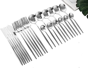24-Piece Silver Korean Silverware Sets Mirror Polished Stainless Steel Modern Flatware Cutlery Set Service for 6 Including Forks Spoons Knives Kitchen(Silver)