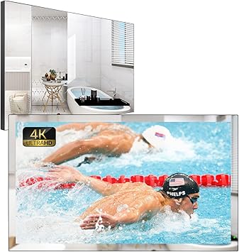 Soulaca 32 inches 4K Smart Mirror TV Waterproof with Built-in WiFi, Voice Control, ATSC DTV Tuner Bluetooth UHD LED Display for Bathroom, Hotel, Kitchen Modern Home Use