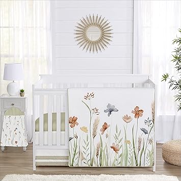 Sweet Jojo Designs 4-Piece Baby Crib Bedding Set (Green Boho Floral) for Girls, Infants/Nursery incl. Blanket, Fitted Sheet, Skirt, Diaper Stacker (Flower, Garden, Bohemian, Farmhouse, Wildflower)