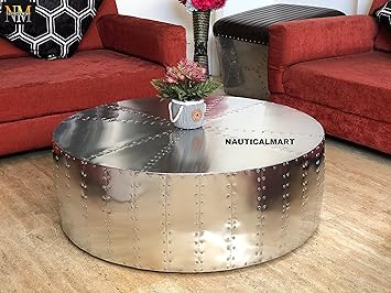 NauticalMart Aluminum Drum Shaped Coffee Table Hammered Coffee Table Aviator Living Room Furniture - Office Decor & Office Furniture (30 Inches)