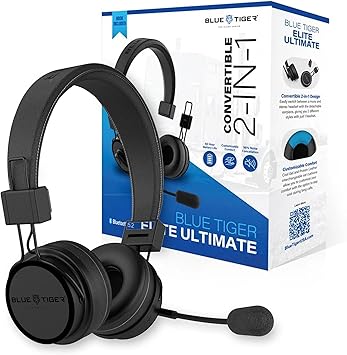 Blue Tiger Premium Elite Ultimate Single and Dual Ear 2-in-1 Bluetooth Headset – Professional Noise Cancellation Head Set with Microphone – USB-C Fast Charge & Long Battery Life