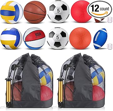 Deekin 12 Pcs Assorted Sport Ball Set for Youth Adult Official Size Basketball Football Volleyball Soccer Baseball Playground Ball with Bag and Pump Gifts