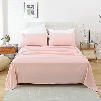 Whitney Home Textile Queen Sheet Set - 4 Piece Bed Sheets for Queen Size Bed, Luxury Soft Breathable Microfiber, Extra Deep Pocket, Bedding Sheets & Pillowcase, Wrinkle Free Oeko-Tex, Pink