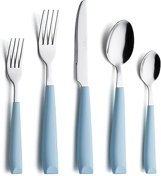 ANNOVA Silverware Set Stainless Steel Colorful Handle Tableware Kitchen Flatware Set Utensils, Includes Dinner Knives, Forks, Spoons, Salad Forks & Dessert Spoons (Light Blue, 20 Pieces)
