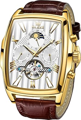 OLEVS Mechanical Dress Mens Watches Square Brown Leather Strap Moon Phase Skeleton Tourbillion Day Date Waterproof Luminous Men's Wrist Watches