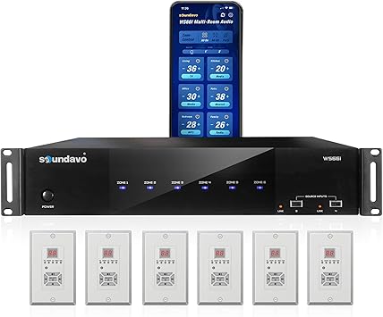 WS66i 6 Zone Amplifier with Wall Keypads – 100W per Zone Whole House Audio System, 6 Source x 6 Zone App & in-Wall Keypad Controlled Multi-Room Amplifier, AirPlay, Spotify Connect