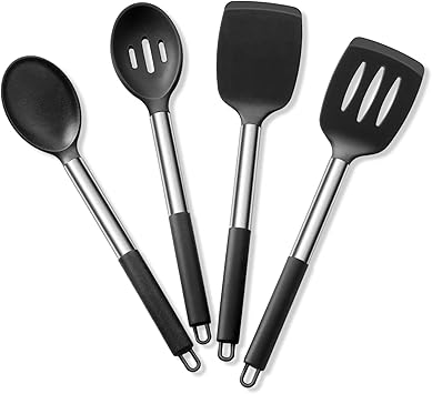 E-far Cooking Utensils Set of 4, Silicone Kitchen Utensils for Non-stick Cookware, Heat Resistant & Non-toxic Slotted Spatula Solid Spoon Turner for Flipping Mixing Serving Basting(Black)