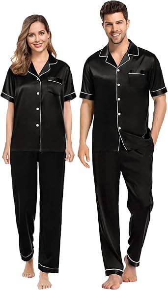 SWOMOG Couples Pajamas Sets Women & Men Satin Short Sleeve Sleepwear Button Down Loungewear Pjs Set with Long Pants