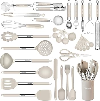 Kitchen Utensils Set-Silicone Cooking Utensils-33pcs Non-Stick Silicone Cooking Kitchen Utensils Spatula Set with Holder-Best Kitchen Cookware with Stainless Steel Handle (Khaki)