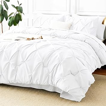 CozyLux King Size Comforter Set White, 7 Pieces Pintuck Bed in A Bag, All Season Comforter King Size, Bed Set Gift for Family, Pinch Pleat Bedding Set with Comforter, Sheets, Pillowcases & Shams