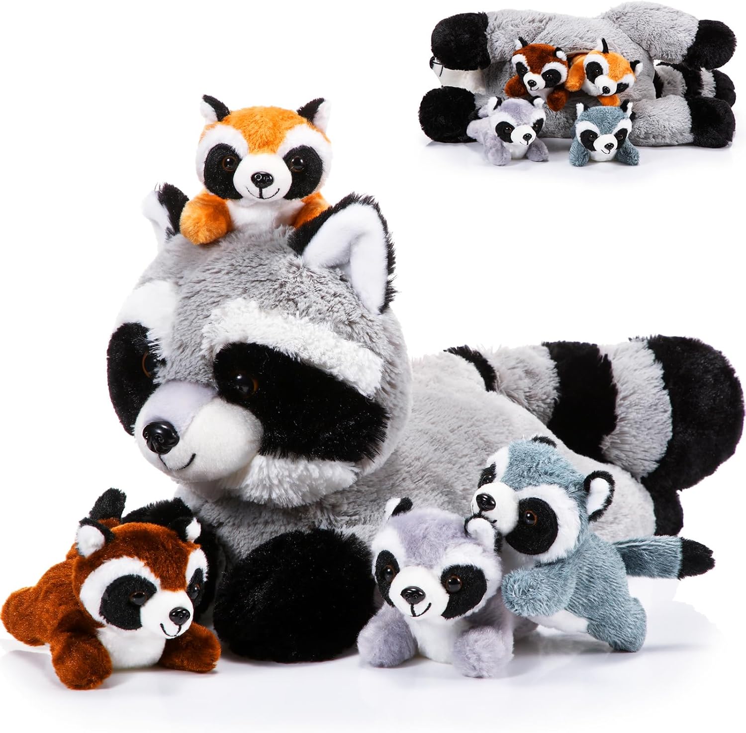 5 Pcs Raccoon Stuffed Animal Set Adorable Mommy Raccoon Plush with 4 Cute Babies in Tummy Soft Cuddly Plushie for Birthday Woodland Party Decor(Cute Style)