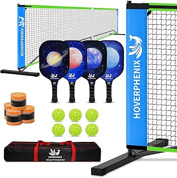 Hoverphenix Portable Pickleball Net Set, 22FT Regulation Size Pickle Ball Net with Paddle Set of 4, Pickleballs and Carry Bag, Easy Setup for Indoor Gym, Outdoor Court,Driveway, Backyard