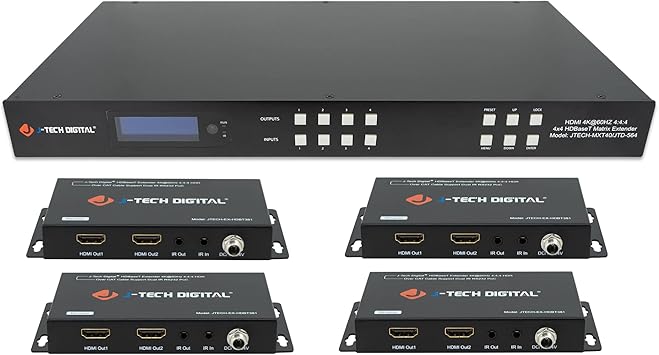 J-Tech Digital 4x4 4K 60Hz HDMI HDBaseT Matrix Switch Extender Over Cat5e/6 Up to 130ft | Supports IR, RS232, PoC, Web GUI, Control 4 [JTECH-MXT40B]