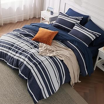 Bedsure Twin XL Comforter Set 5 Pieces, Blue Striped Bedding Set for All Seasons, Reversible, Cationic Dyeing Bed in a Bag with Comforter, Sheets, Pillowcase & Sham