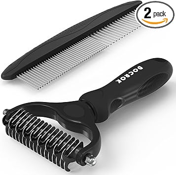 Docrok Pet Grooming Combo - Blue Deshedding Brush with Metal Comb for Detangling and Dematting Long, Matted Fur on Cats and Dogs