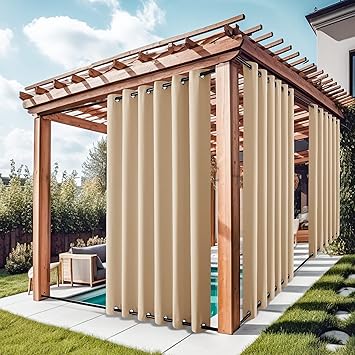 NICETOWN 2 Panels Outdoor Curtains Extra Wide Waterproof & Windproof, Rustproof Top & Bottom Grommet Thermal Insulated Weighted Blackout Heat & Voice Reducing for Patio, W84 x L84, Biscotti Beige