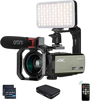 ORDRO 4K Camcorder UHD Video Camera Digital 1080P with 12x Optical Zoom Live Streaming Camera Recorder Bundle