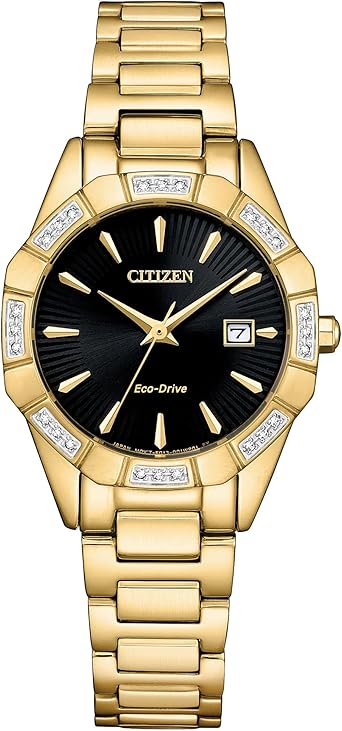 Citizen Women's Eco-Drive Classic Corso Diamond Gold Stainless Steel Watch, Black Dial (Model: EW2652-55E)