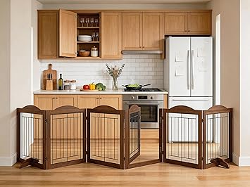 Vantas Folding No-Assembly Dog Door Pet Gate 144" Wide, 30" Tall Wooden Dog Gate with Door Walk Through, Freestanding Wire Pet Gate, Pet Puppy Safety Fence, with 2PCS Support – Brown