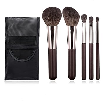 Travel Makeup Brushes Set w/Pouch, Portable 5PCS Professional Premium Goat Hair Cosmetic Brushes Kit for Powder Blush Concealers Contouring Highlighting