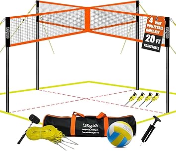 Zdgao 14 ft/20 ft 4-Way Volleyball and Badminton Combo Net with Soft Volleyball, Rubber Hammer and Carry Bag, Adjustable Height Four Square Volleyball Game Set for Backyard and Beach