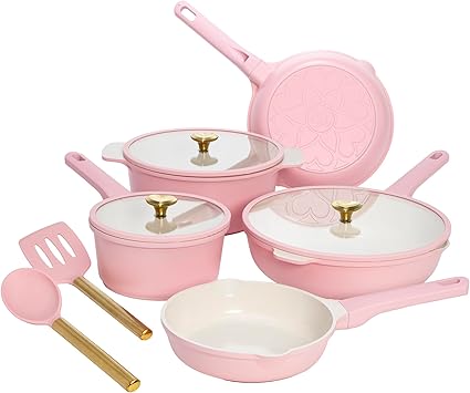 Paris Hilton Ceramic Nonstick Pots and Pans, Cookware Set, Cast Aluminum With Dual Layer Non Stick Coating, Made Without PFAS PFOA PFOS And PTFE, Dishwasher Safe, 10-Piece, Pink