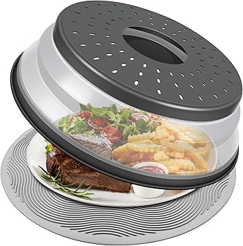 LekDrok 10 Inch Microwave Food Cover & Collapsible Silicone Mat - Splatter Guard, Plate Holder & Kitchen Colander for Meal Prep, Charcoal