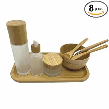 Face Mask Mixing Bowl Set Bamboo,8 Pcs Diy Facemask Mixing Tool Kit With Facial Mask Bowl,Spatula,Spoon,Brush,Empty Refilable Lotion Pump Bottle,Cream Jar and Dropper Bottle and Tray