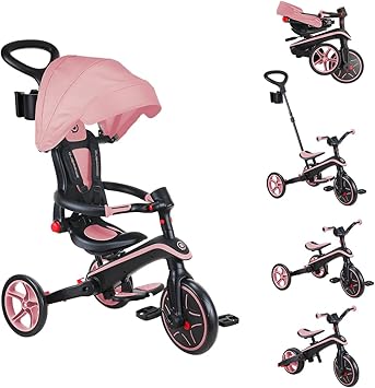 Globber Foldable 5-in-1 Toddler Trike Push Bike Stroller – Compact Learning Tricycle for Toddlers Converts Into Balance Bike – Safe Outdoor Ride On Toys for Kids (Pastel Pink)