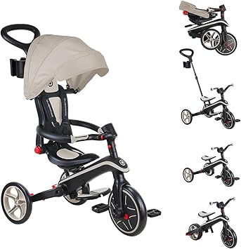 Globber Foldable 5-in-1 Toddler Trike Push Bike Stroller – Compact Learning Tricycle for Toddlers Converts Into Balance Bike – Safe Outdoor Ride On Toys for Kids (Taupe), Medium