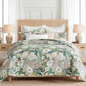 Levtex Home - Bettina Quilt Set - King Quilt and Two King Shams - Floral - Teal, Blue, Green, Mauve, Cream - Quilt (106x92in.) and Shams (20x36in.) - Reversible - Cotton