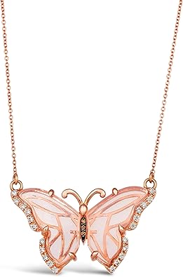 LE VIAN 1/3 Carat Chocolate Diamond and 9 2/3 Carat Rose Quartz Butterfly Pendant Necklace for Women in 14k Rose Gold (Brown, 9.90 cttw) on 20 Inch Long Chain with Lobster Claw Clasp