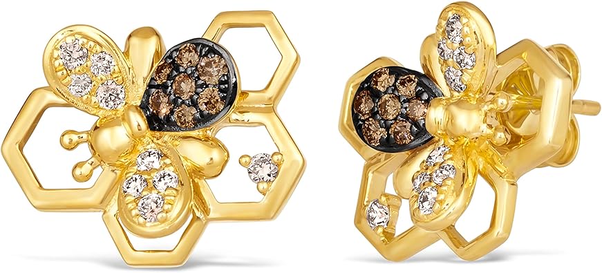 LE VIAN 1/3 Carat Chocolate Diamond Honey Bee Stud Earrings for Women In 14K Yellow Gold (White/Brown, Cttw) Honeycomb Earrings With Push Backs Studs