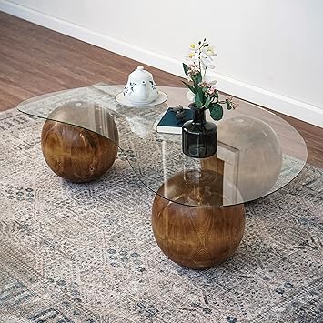 Ultimate Premium Products UPP Glass Coffee Table with Decorative Wooden Balls- Wooden Home Furniture Full Set (3 Balls and Glass)