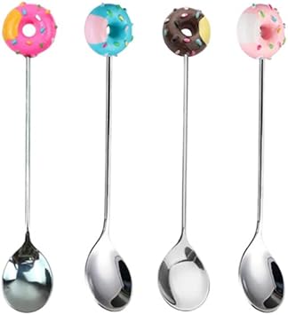 Stainless Steel Stirring Spoons, Cute Doughnut Coffee Spoon for Ice Cream Tea Sugar, Mini Donut Dessert Stirrers Mixing Teaspoons for Tableware Kitchen Tools (4 Pack)