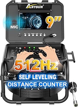 Anysun All-in-1 Sewer Camera - 512Hz, Distance Counter, Self-Leveling, 1-Touch Video/Audio, 165Ft Pipe Inspection Camera with 9" 1080P Screen, IP68 Industrial Borescope, 16GB