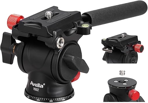 Avella Tripod Fluid Head Pan Tilt Head with Arca Type Quick Release Plate and Handle, Metal Panorama Head with Scaled Base for Compact Video Camera DSLR Camera, Load up to 6.6lb, V502