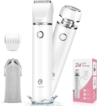 Cayzor Bikini Trimmer and Shaver Kit for Women - 2-in-1 Wet/Dry Electric Body Hair Trimmer Facial Hair Removal Cordless Waterproof Bikini Shaver Razor for Face Lip Chin Pubic Underarm Legs (White)