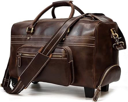 Genuine Leather Luggage Trolley Case Hand Luggage with Rolls Men Women Leather Trolley Case Flights (Color : A) (A)