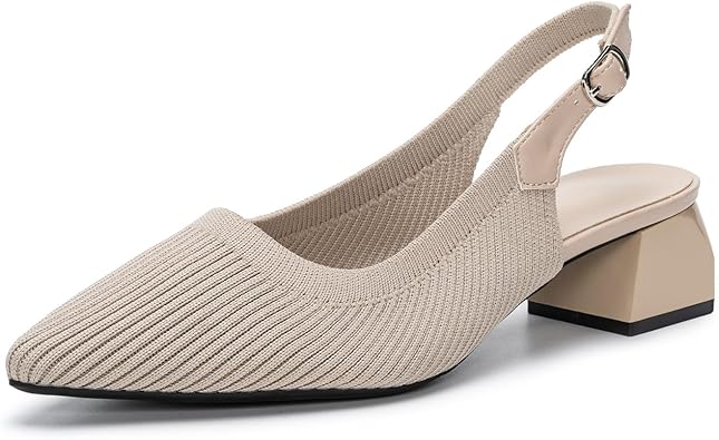 youngshow Womens Adjustable Slingback Heels, Pointed Toe Mid-Low Heel, Cute Knitted Slip On Work Pumps Dress Shoes